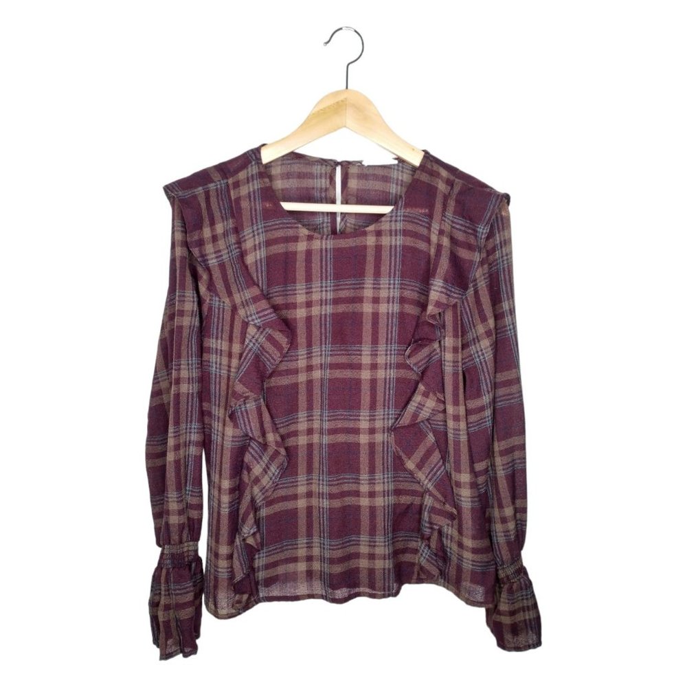 Plaid Ruffle Blouse Size M - Picture 2 of 7